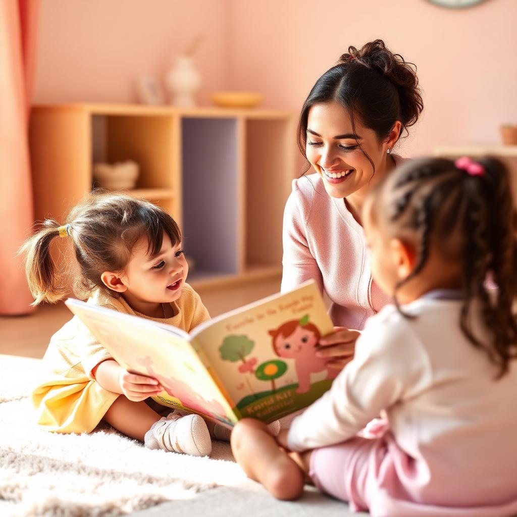 Maestra leyendo un cuento a niñas pequeñas